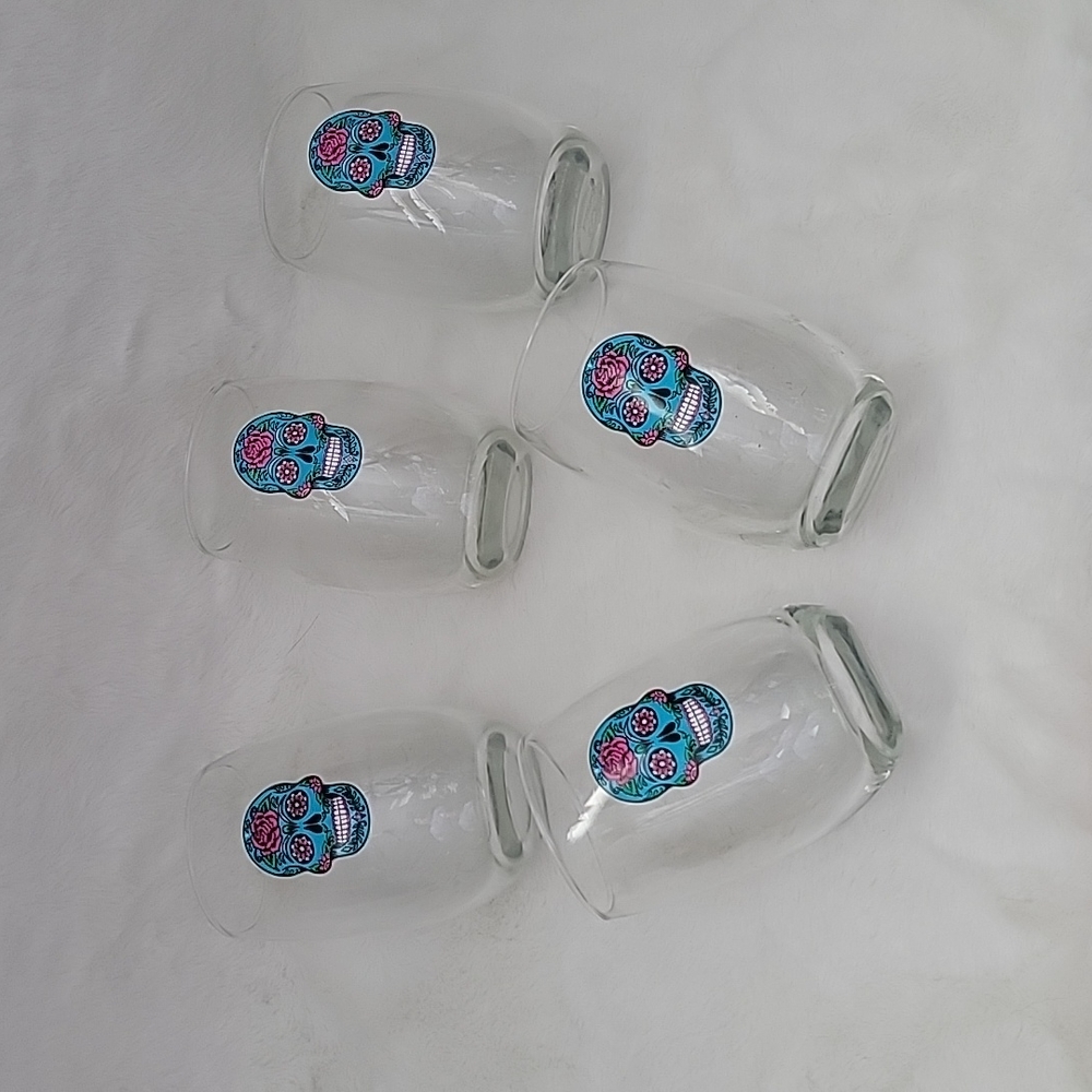 Blue Sugar Skull Set of 5 Wine Glasses